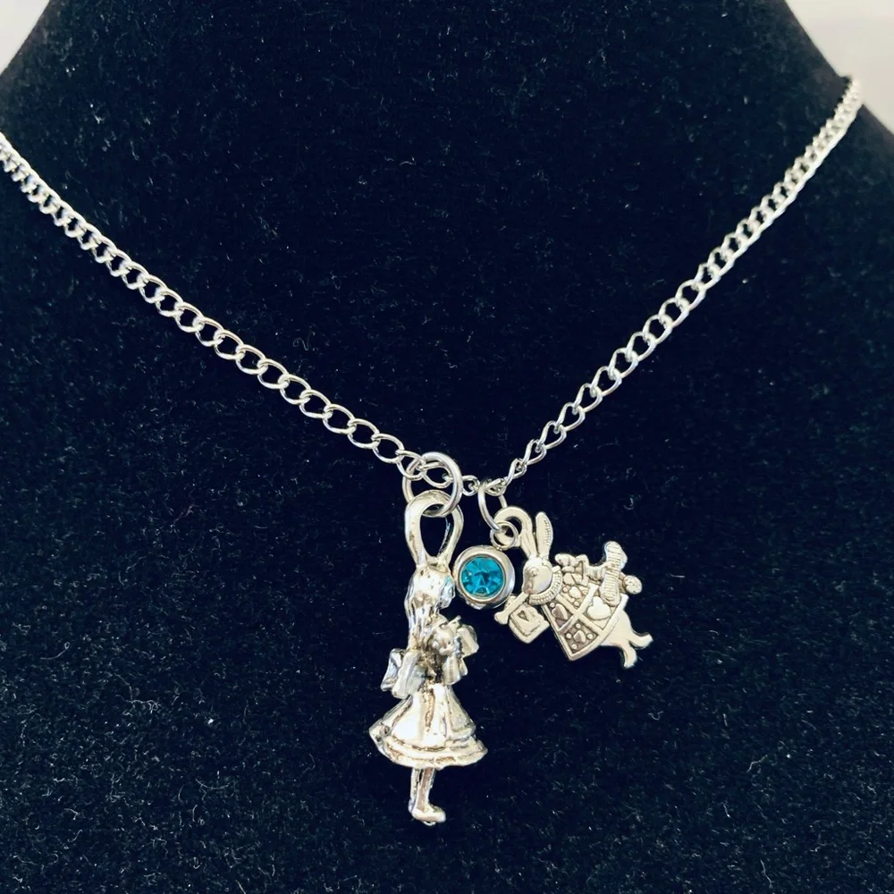 Alice in Wonderland necklace with rhinestone charm